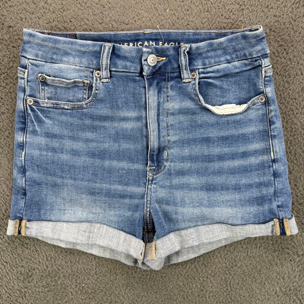 American Eagle Curvy Hi-Rise Shortie Denim Shorts Blue Distressed Size 6